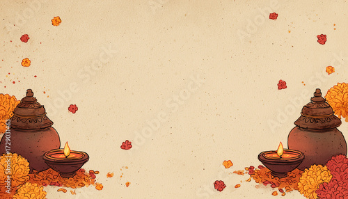 Decorative Diwali, Dussehra poster background with brass oil lamps, marigold flowers and petals on beige  and yellow background, festive template for greeting cards and invitations