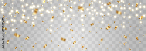 Christmas light bulbs, glowing garlands string with festive confetti png. New Year's party lights with golden bright confetti falls, holiday decorations. Vector garland illustration isolated on png