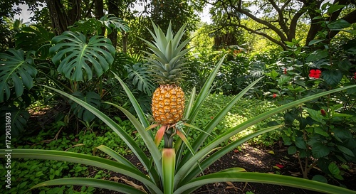 Pineapple plant with green leaves in the garden.