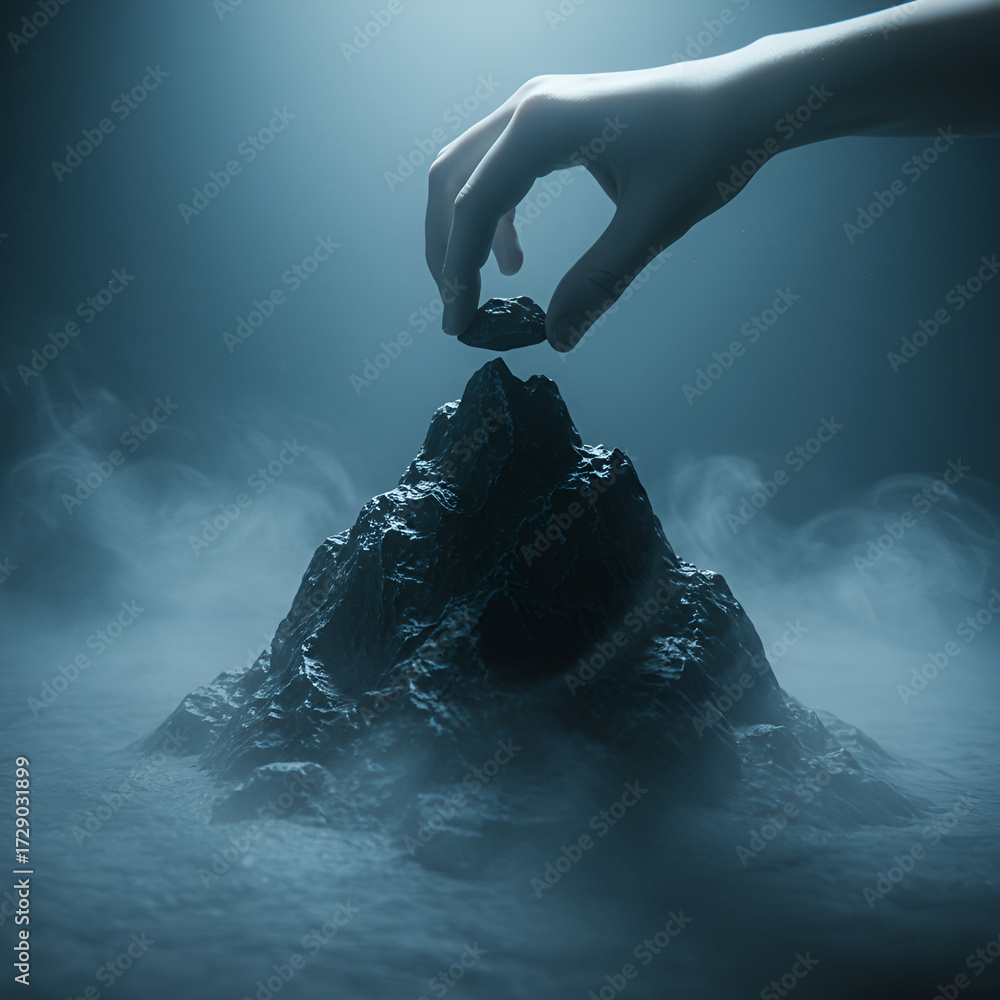Obraz premium A human hand carefully places a small rock onto a dark, mist-shrouded mountain peak, symbolizing creation, foundation, and the delicate balance of an enigmatic scene.