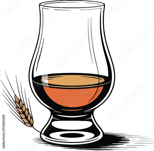 Amber liquid in tasting glass with wheat stalk and shadow drink alcohol