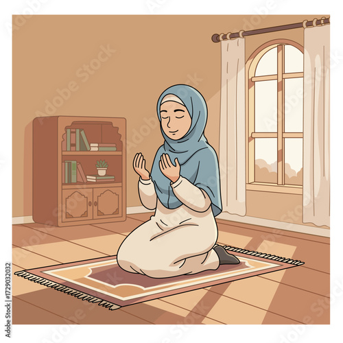 Muslim woman sitting in prayer (Salah/Namaz) inside a room, a peaceful vector illustration representing Islamic religious worship, faith, spirituality, and tradition.