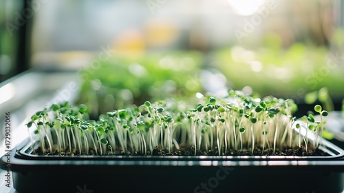 Fresh Microgreens in Seedling Tray, Indoor Planting and Gardening Scene Material