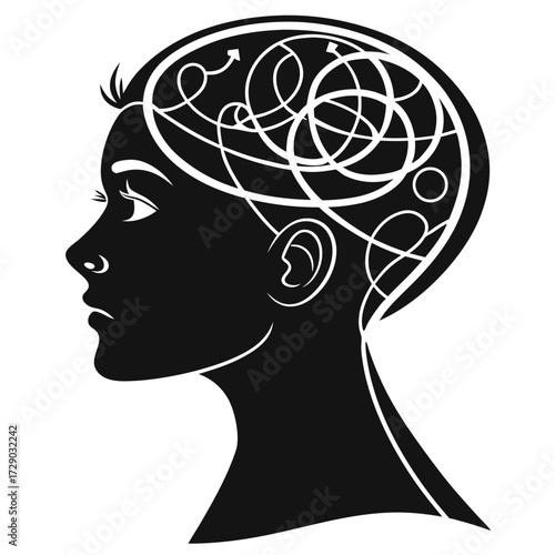 Vector illustration of a human head profile with abstract brain maze lines symbolizing mind thought psychology and creativity.
