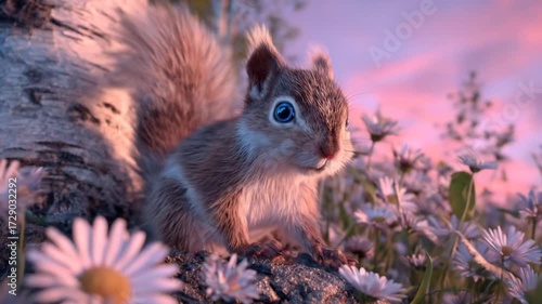 Cute squirrel in wildflowers