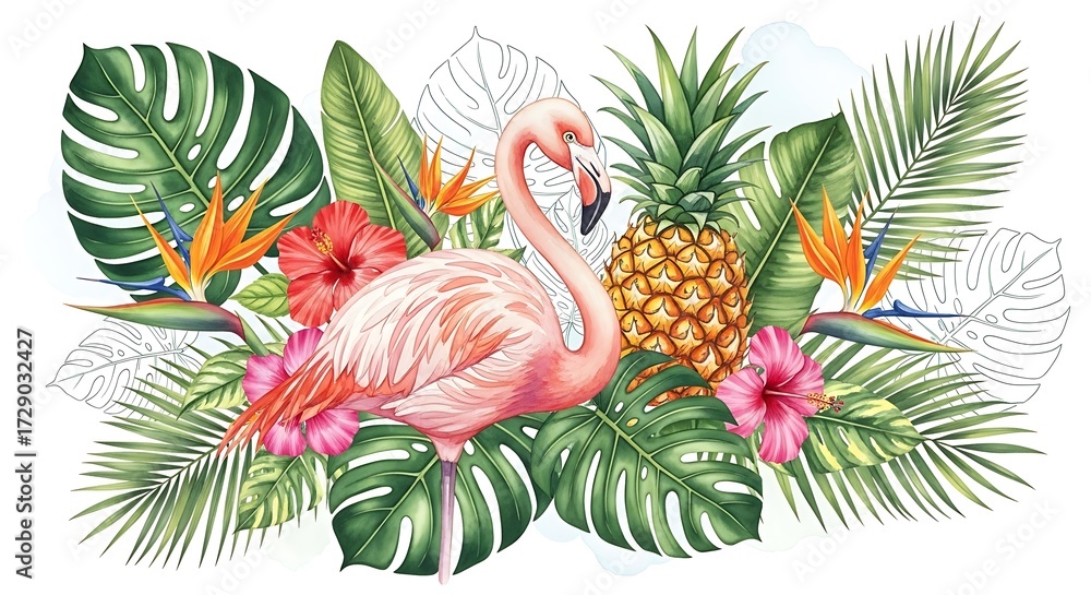 Fototapeta premium Tropical flamingo surrounded by lush green leaves and flowers.