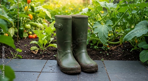 Pair of green rubber boots in garden sunlight close up