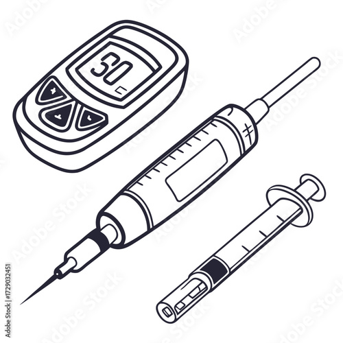 Black and white vector illustration of a diabetes medical kit including glucose meter insulin pen and syringe for blood sugar monitoring and healthcare