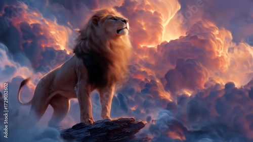 Majestic lion on cloudy mountaintop