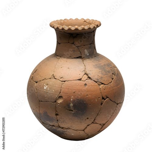 Ancient clay pot artifact isolated on white background