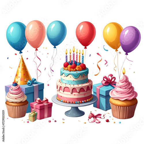  Birthday Party Essentials Collection, Cake, Balloons, and Gifts, Cutout on Clear Background