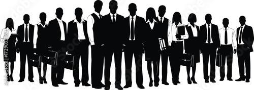 Business professionals silhouette vector of 16 diverse corporate figures in formal attire for teamwork, HR, and office culture themes