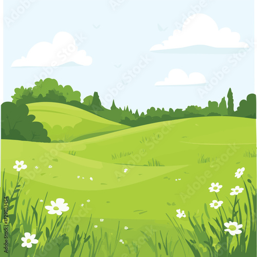 Green hills, bright sky, wildflowers