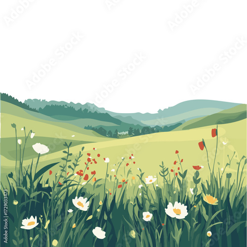 Peaceful countryside landscape. Lush green meadows with wildflowers, rolling hills, and distant forests