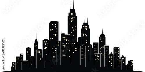 Night city skyline silhouette vector of modern buildings with lit windows, spires, and urban architecture for metropolitan design themes