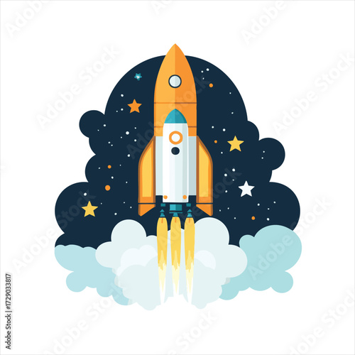 Rocket launching into space.  A vibrant illustration of a rocket ship blasting off amidst a starry night sky, with billowing clouds of smoke.  The rocket is depicted in a stylized, flat design