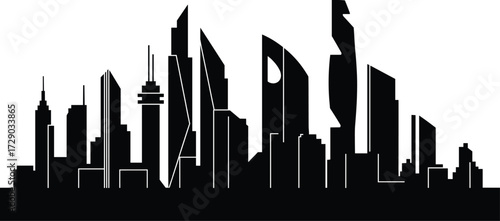 City skyline silhouette vector of modern skyscrapers with sharp angles, spires, and urban architecture for metropolitan and design themes