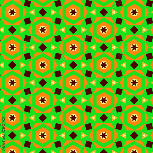 A lime green geometric seamless pattern with a bold, modern energy. Crisp angular shapes—triangles, diamonds, and hexagons—interlock in a perfectly balanced grid.