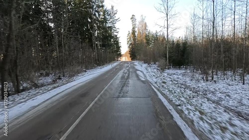 Highway on a sunny winter day. Winter landscape, road with snow.	