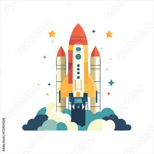 Rocket launch illustration.  A vibrant depiction of a rocket taking off, signifying new beginnings and innovation