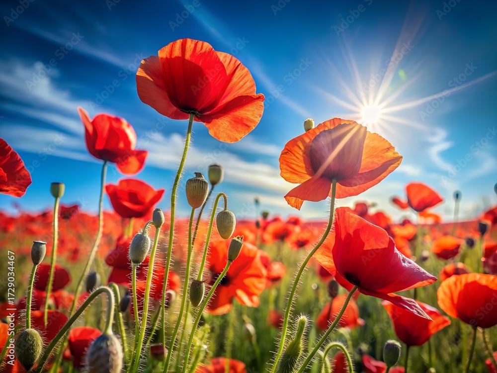 Obraz premium Captivating red poppy field under a bright blue sky with sunburst, a stunning summer landscape scene