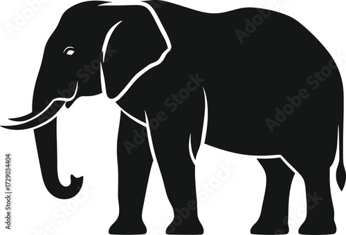 Elephant silhouette vector of majestic animal in profile with tusks, curled trunk, and large ears for wildlife and nature themes