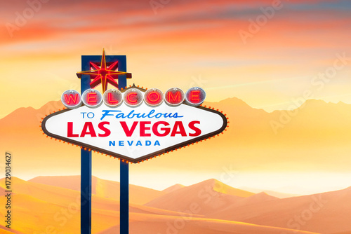 Welcome To Fabulous Las Vegas Sign Panorama With Desert Backdrop