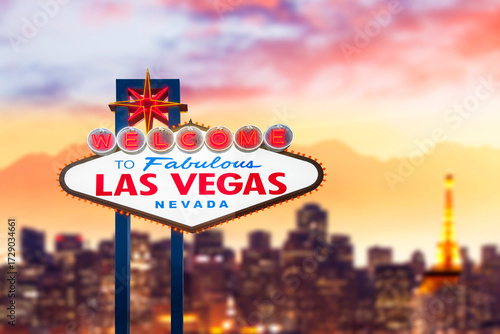 Welcome to Fabulous Las Vegas Sign with Beautiful City Lights at Sunset