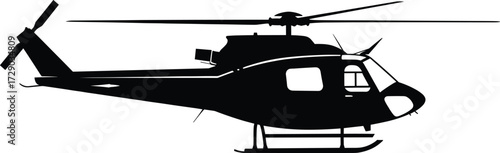 Black silhouette vector of side-view helicopter with rotor blades, tail rotor, landing skids, and cockpit windows for aviation design