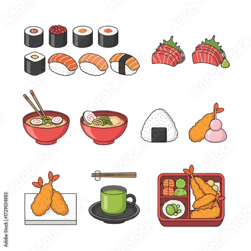 Vibrant pixel art Japanese food collection for modern design