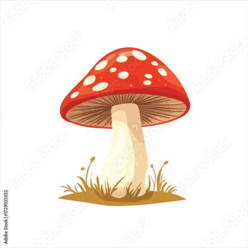 Vibrant red mushroom with white spots, standing on a patch of grass