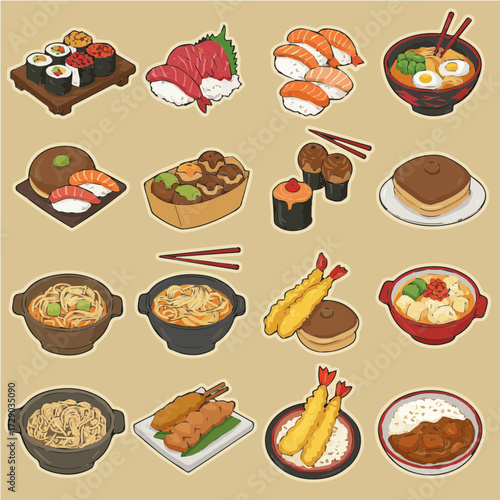 Delicious food of japanese style in vector icon