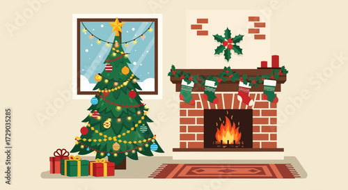 Festive Christmas scene with decorated tree, fireplace, and gifts creating a cozy atmosphere at home