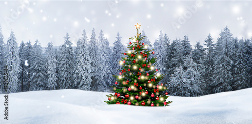 Winterliche Weihnachtsstimmung mit Schnee und Weihnachtsbaum