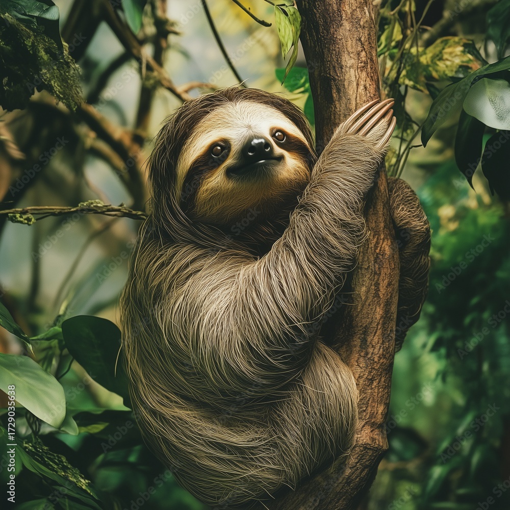 Fototapeta premium Sloth in its Habitat: A captivating capture of a sloth gracefully perched on a tree branch, surrounded by lush greenery, representing the serene beauty of the jungle.