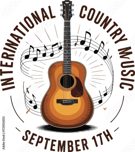 Acoustic guitar with musical notes and text International Country Music September 17th instrument