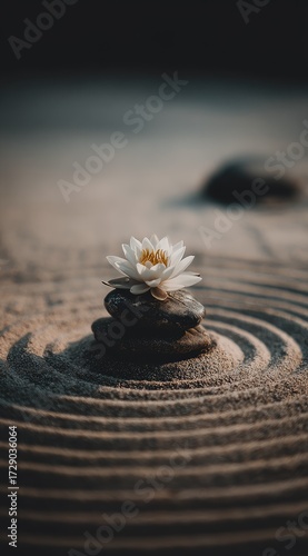 Serene zen garden display featuring a delicate white lotus flower atop stacked stones, nestled within a circular pattern of sand.
