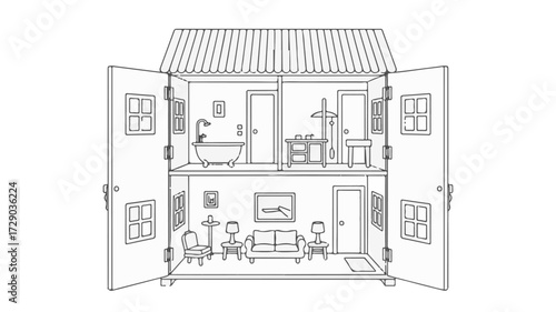Detailed Line Art Illustration of a Two-Story House Showing Interior Layout with Rooms, Furniture, and Features