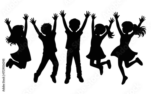 A graphic vector silhouette of a group of energetic kids, boys and girls, jumping with happiness and celebrating, representing childhood, friendship, and freedom