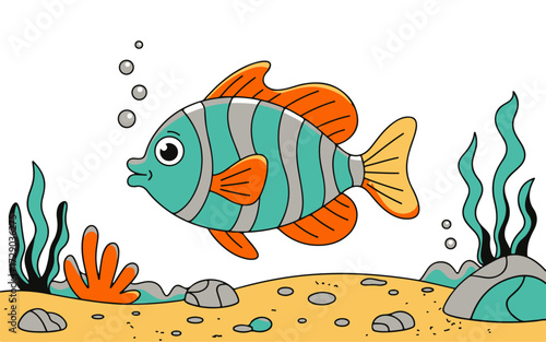 Whimsical underwater scene featuring a vibrant teal and orange striped fish swimming amongst coral and seaweed with floating bubbles, a charming aquatic illustration