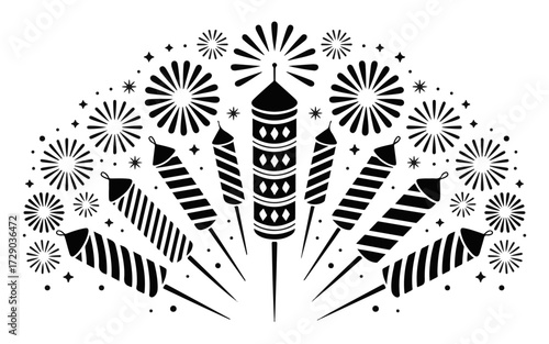 Dynamic black and white illustration of a festive firework display, showcasing launching rockets and radiant bursts, symbolizing celebration and joyful events