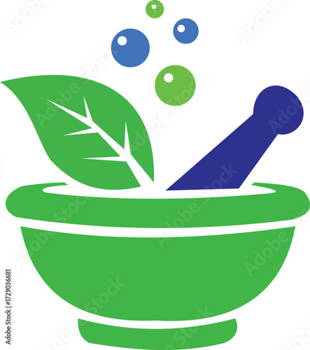 Vector art of green mortar and pestle with leaf and bubbles