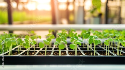Fresh Microgreens in Seedling Tray, Indoor Planting and Gardening Scene Material