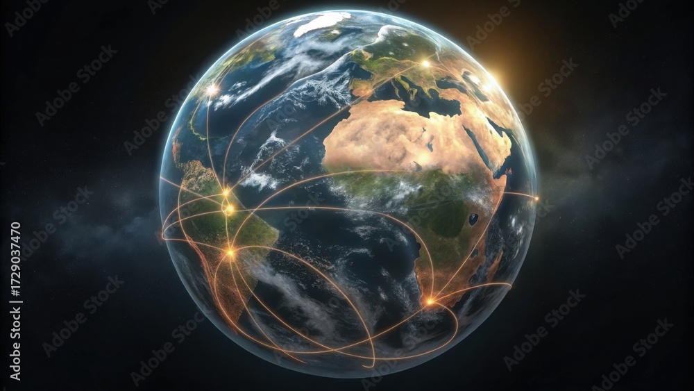 Obraz premium 3D Render of Global Map with Glowing Connections for Connectivity Model
