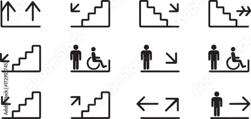 Vector art of black and white icons showing stairs and elevators