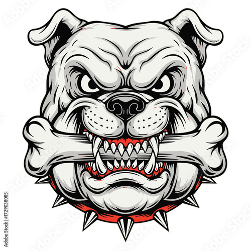Angry Bulldog Head with Bone and Spiked Collar