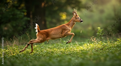 Roe deer leaping through green grass with trees in the background