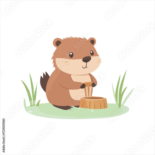 Cute groundhog digging a hole in the ground.  A cartoon illustration of a small, cheerful groundhog,  sitting and digging with its paws