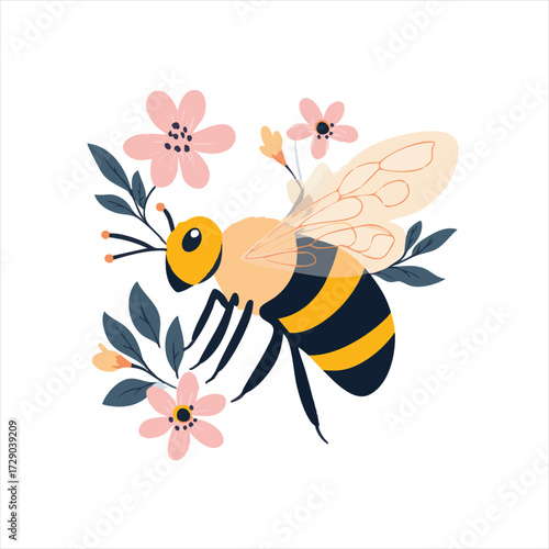 Cute bee surrounded by flowers