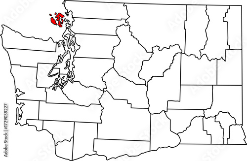 Detailed vector map of Washington, USA, highlighting San Juan County, the scenic Puget Sound islands.

